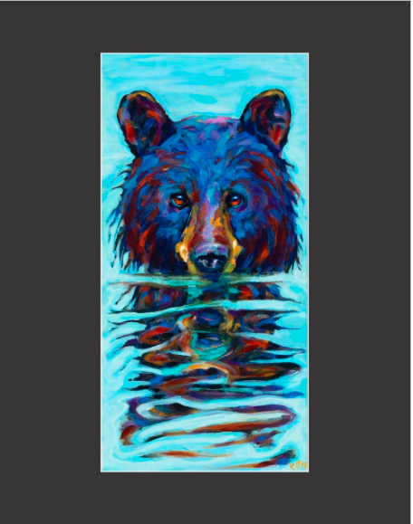 A painterly yet realistic depiction of a black bear  submerged in water. Only the bear's head is visible. streaks of orange in the bear's fur give this piece a vibrant appearance.
