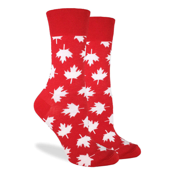 These fun socks feature white maple leaves scattered over a base of bright red. Spandex added to the 85% cotton blend gives the socks the perfect amount of stretch to hug your feet.