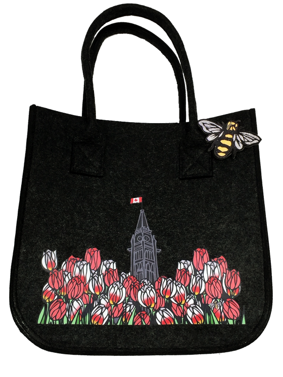 A medium charcoal felt tote bag printed with the Parliament building and Maple Leaf tulips.