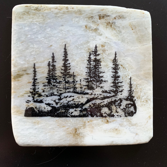 This coaster features the image of a large group of trees on a rocky ledge. The image is on a piece of canadian shield marble with mineral lines running through in unique colours, lines, and patterns. The coaster is finished with a clear coat, giving it a shiny finish. 