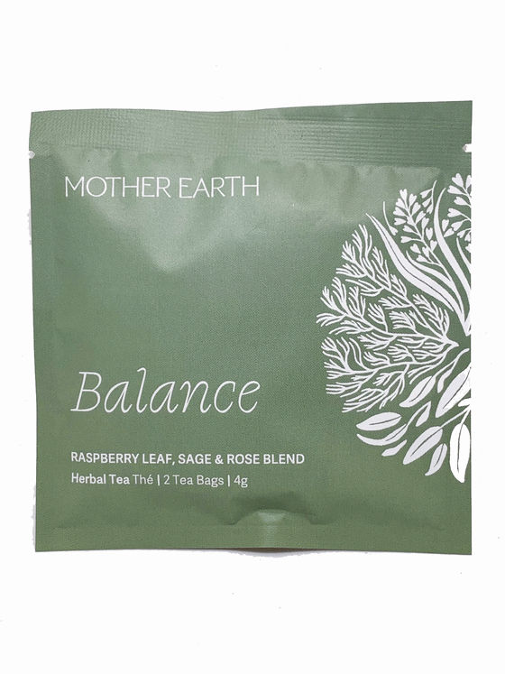 Green square shaped sachet. Has text "Mother Earth" at the top and "Balance" at the bottom.