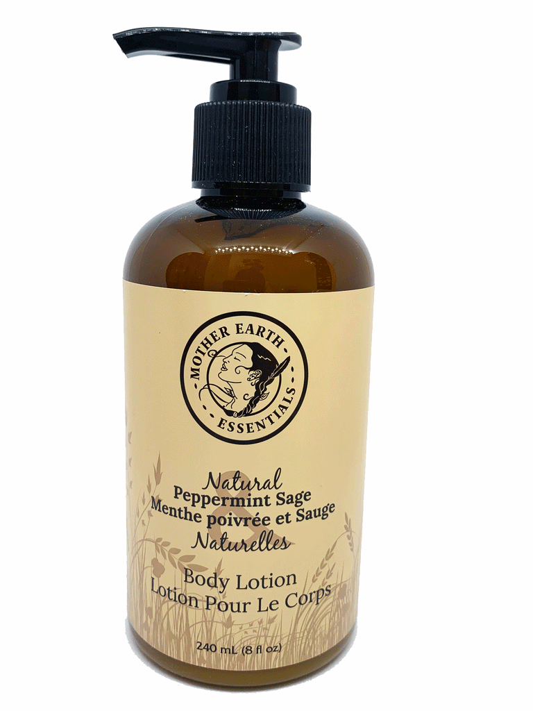 Dark Brown Bottle Lotion Dispenser. Light Brown label surrounding the bottle, with drawings of plants and crop in the background. Logo with a drawing of a person with braids and a feather in their hair,and writing saying ' Mother Earth Essentials'. Natural Peppermint Sage Body Lotion.