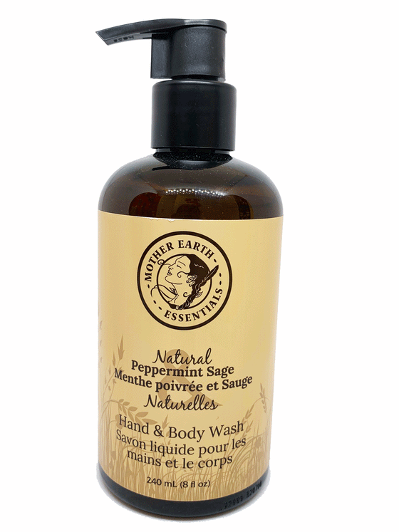 Dark Brown Bottle Soap Dispenser. Light Brown label surrounding the bottle, with drawings of plants and crop in the background. Logo with a drawing of a person with braids and a feather in the hair, and writing saying ' Mother Earth Essentials'. Natural Peppermint Sage Hand and Body Wash.