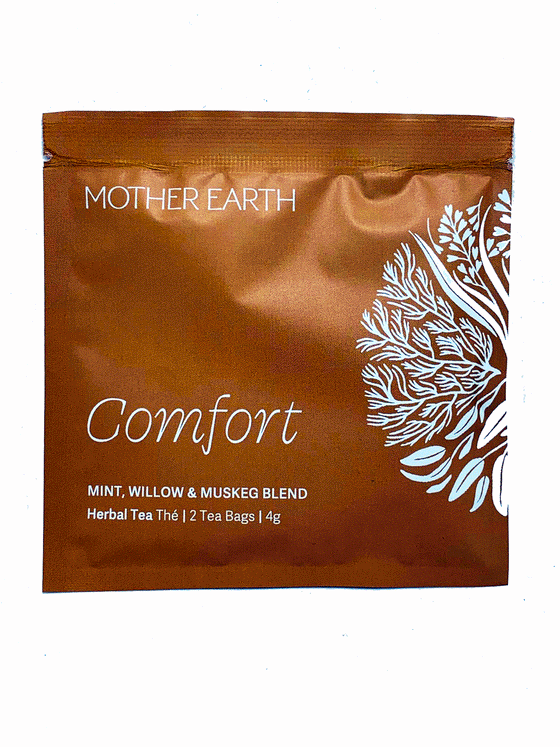 Burnt orange square shaped sachet. Has text "Mother Earth" at the top and "Comfort" at the bottom.