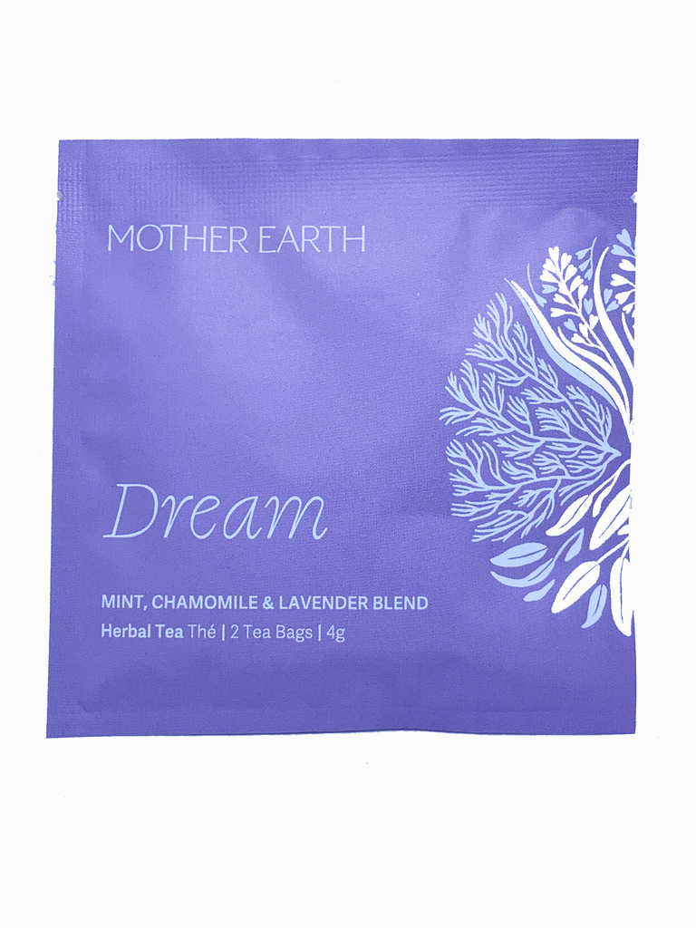 Purple square shaped sachet. Has text "Mother Earth" at the top and "Dream" at the bottom.