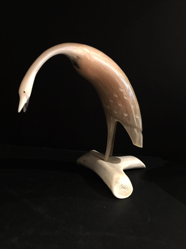 Musk Ox Horn Carving - Sandhill Crane with Caribou Antler Base
