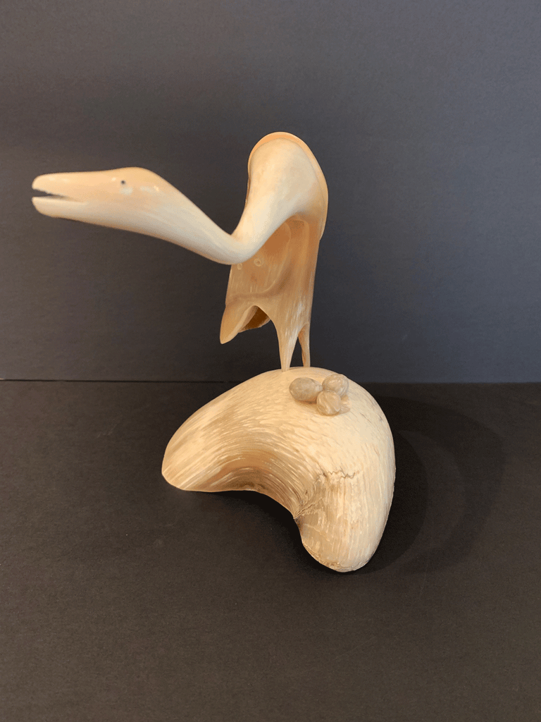 Musk Ox Horn Carving - Sandhill Crane with Eggs on Musk Ox Boss Base