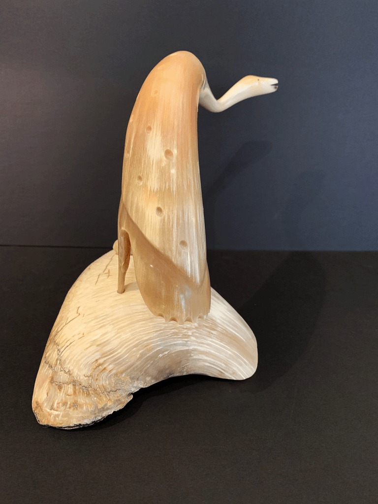Musk Ox Horn Carving - Sandhill Crane with Eggs on Musk Ox Boss Base