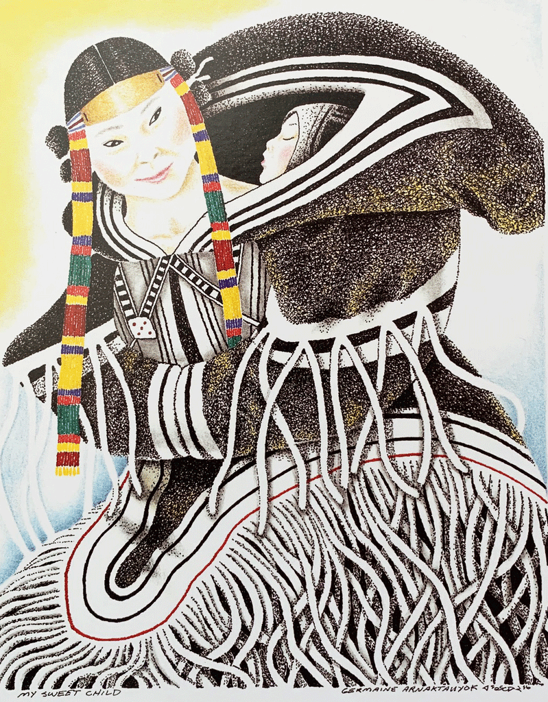 The "My Sweet Child" Inuit art card by artist Germaine Arnaktauyok features  a mother wearing traditional Inuit clothing and a colourful headpiece while carrying her sleeping child in her hood