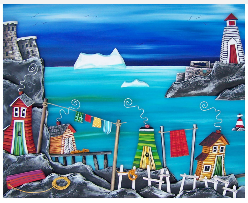 St. John's Narrows are portrayed in a vibrant manner. Cabot tower is on the left side of the picture, and the white and red Fort Amherst lighthouse is situated on grey rocks on the right. Two yellow, one green and one red house are situated on the rocks along the bottom of the picture, along with clotheslines and a purple and pink dory. The vivid blue ocean water above contains two floating icebergs. The scene is overlooked by a dimensional dark and light blue sky, containing numerous seagulls in flight. 