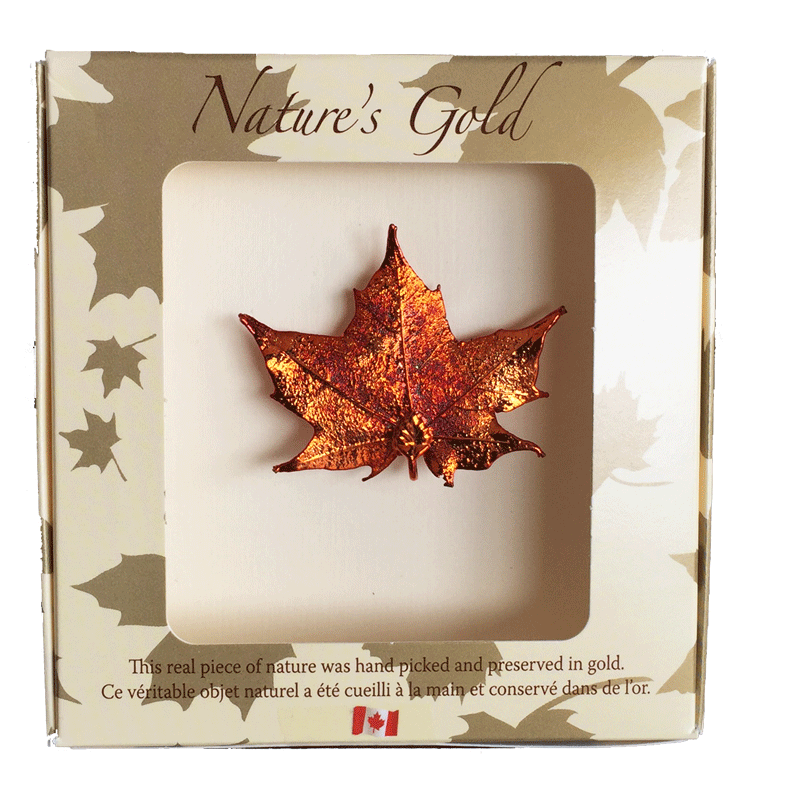 A small metal coated maple leaf sits in a paper box. The metal has an iridescent finish, and sparkles in several shades of orange and red. The top face of the box has a wide square viewing hole. The box is tan with gold maple leaf prints. At the top of the box is written Nature’s Gold. At the bottom is written “this real piece of nature was handpicked and preserved in gold” followed by “Ce véritable objet naturel a été cueilli à la main et conservé dans de l’or”