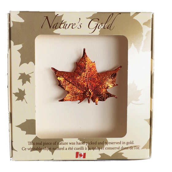 A small metal coated maple leaf sits in a paper box. The metal has an iridescent finish, and sparkles in several shades of orange and red. The top face of the box has a wide square viewing hole. The box is tan with gold maple leaf prints. At the top of the box is written Nature’s Gold. At the bottom is written “this real piece of nature was handpicked and preserved in gold” followed by “Ce véritable objet naturel a été cueilli à la main et conservé dans de l’or”