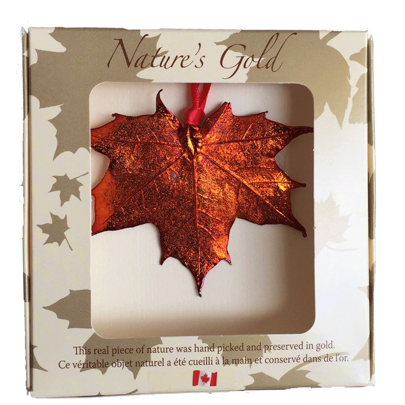 A large metal coated maple leaf sits in a paper box. The metal has an iridescent finish, and sparkles in several shades of orange and red. The top face of the box has a wide square viewing hole. The box is tan with gold maple leaf prints. At the top of the box is written Nature’s Gold. At the bottom is written “this real piece of nature was handpicked and preserved in gold” followed by “Ce véritable objet naturel a été cueilli à la main et conservé dans de l’or”