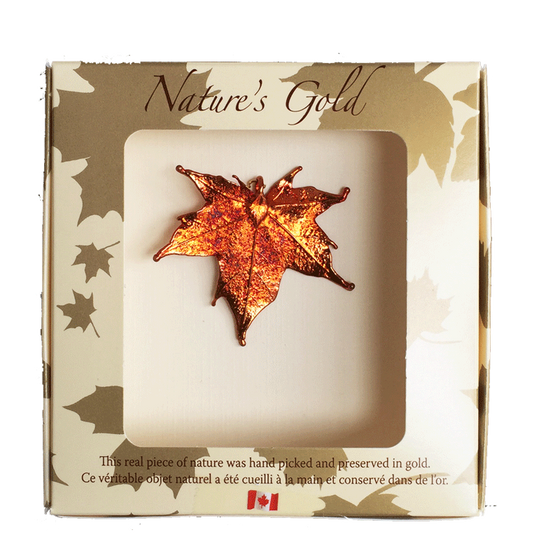A small metal coated maple leaf sits in a paper box. The metal has an iridescent finish, and sparkles in several shades of orange and red. The top face of the box has a wide square viewing hole. The box is tan with gold maple leaf prints. At the top of the box is written Nature’s Gold. At the bottom is written “this real piece of nature was handpicked and preserved in gold” followed by “Ce véritable objet naturel a été cueilli à la main et conservé dans de l’or”