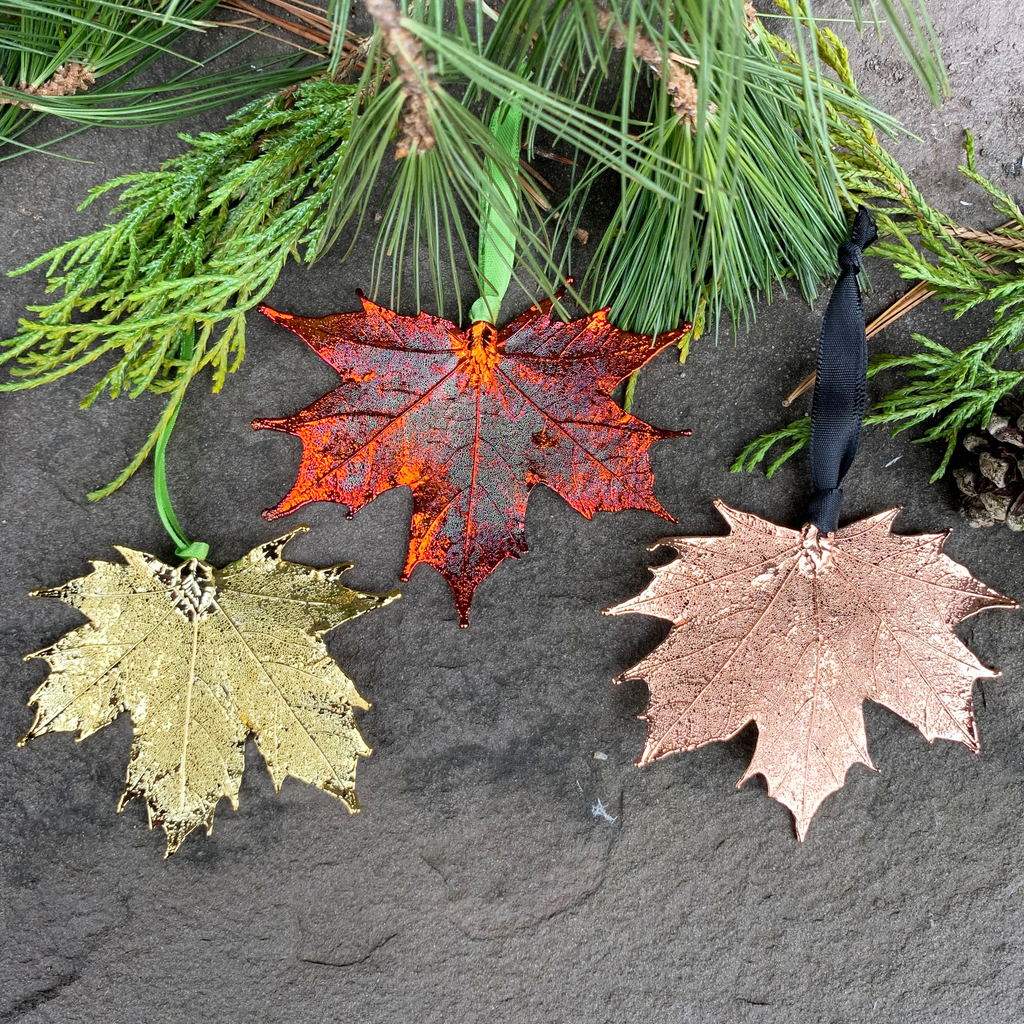 Three large metal coated maple leaves sit on a stone background. One is coated in gold, one in copper, and one in an iridescent orange and red metal. Each leaf has a ribbon attached to its stem end. Around the picture are decorative evergreen leaves.