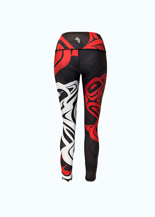 The eagle and raven leggings viewed from behind. From this angle a red eagle can be seen on the right leg, and a white eagle on the left.