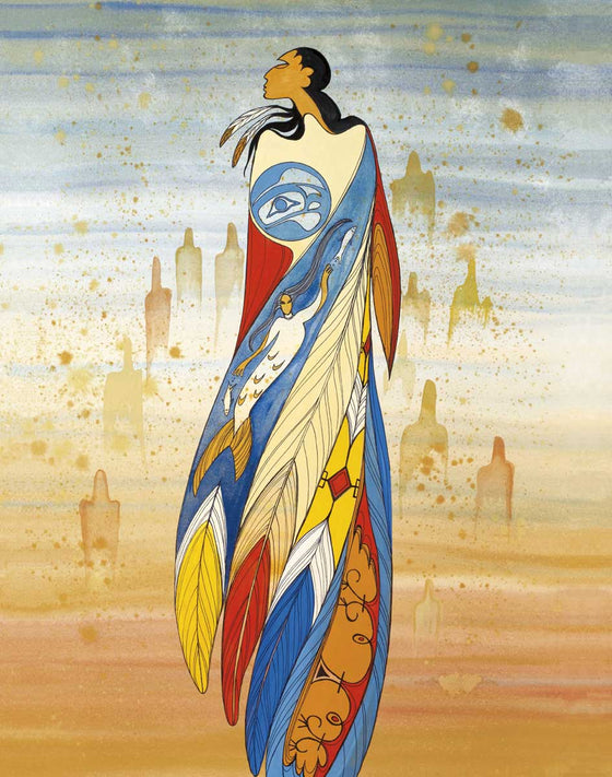 A woman with feathers in her long black hair. She is wearing a dress which resembles large feathers. The feathers are blue, yellow, red and white. There is a first nation’s moon on the woman’s chest, and the Inuit goddess Sedna swims in part of the dress. The woman is surrounded by faint humanoid figures in the background. This Canadian Indigenous print was painted by Maxine Noel, a Sioux artist born on the Birdtail Reserve, Manitoba.