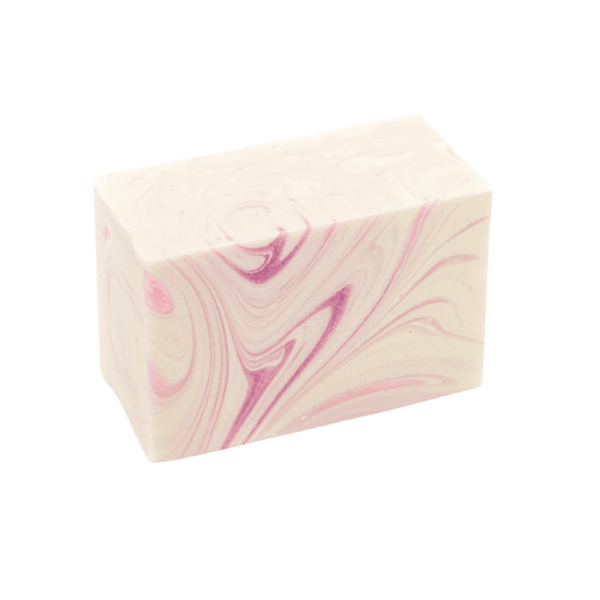 Canadian Prairie Crocus bar of soap. Soap is white with small strands of pink. Made in Alberta.