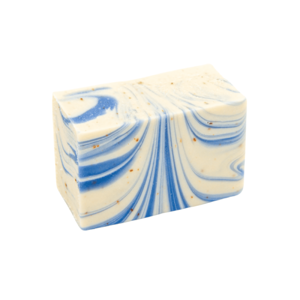 Canadian Blueberry bar of soap. Soap is white and blue, with yellow dots. Made in Alberta