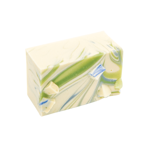 Canadian Vanilla Mint bar of soap. Soap is white with swirls of blue and green. Made in Alberta.