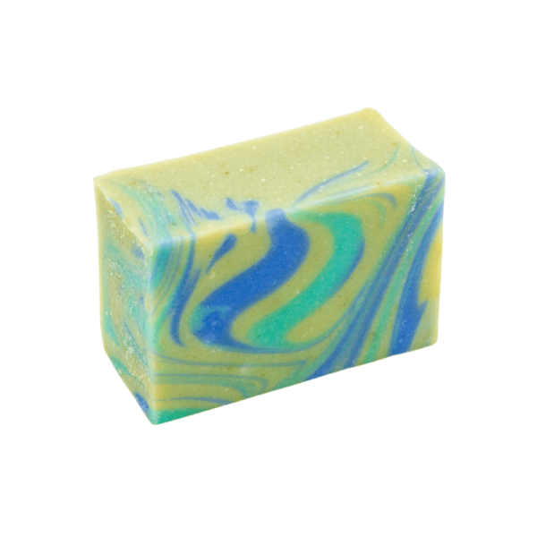 Canadian Ocean & Aniseed bar of soap. Soap is light green, with swirls of blue and aqua green. Made in Alberta