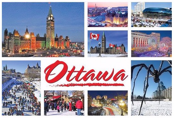 Several images of different Ottawa attractions in a collage with a white background. Includes text in the middle that says "Ottawa".