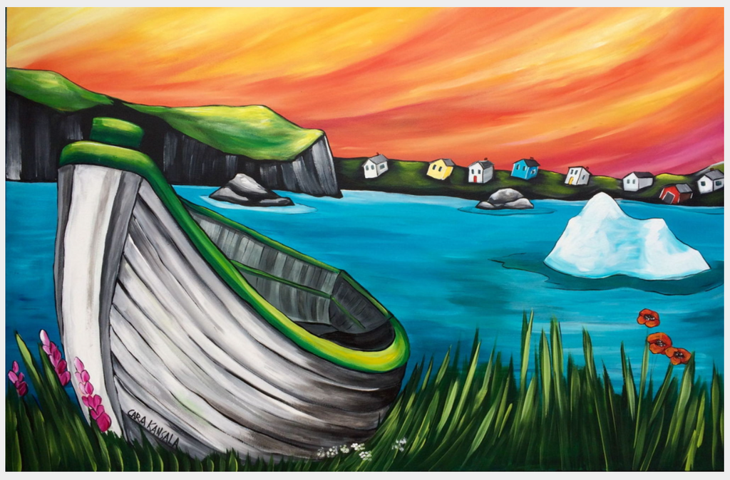 A white dory with a bright green trim is laying on green grass and wildflowers. Bright blue ocean water spans behind the boat, with an iceberg floating in it. Further back, bright white, yellow, blue and red Salt Box houses span across more green grass. A lively red, orange, pink and yellow streaked-sky overlooks the scene.