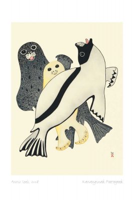 Three seals on an off white background. The front-most seal is white with a black head and a black stripe on its side. Its head is thrown back with its mouth open. The middle seal is cream coloured with shiny black eyes. The rear seal is grey with black spots. It appears to be smiling. This Canadian Indigenous print was painted by Kananginak Pootoogook, an Inuit artist born in the Ikerrasak camp in Nunavut. His signature is at the bottom right.