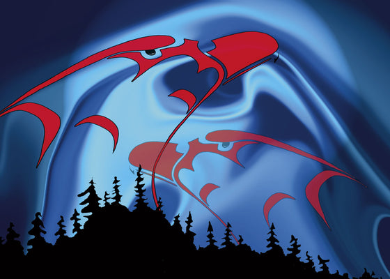 Two red eagle heads float in the night sky. The eagles are drawn in First Nations style. The sky has swirls of dark and light blue.  A pine forest is silhouetted at the bottom.  This Canadian Indigenous print was created by First Nations artist Rick Beaver. He was born on the Alderville Indian Reserve on Rice Lake, Southern Ontario.