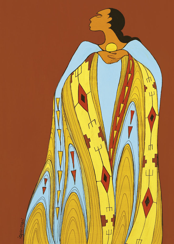 A woman holding a small yellow circle. The background is a rustic brown colour. The woman is wearing a dress of blue, red, and yellows. The artist is Maxine Noel, and was born in Manitoba of Santee Oglala Sioux parents.