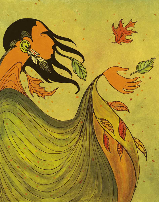 This limited addition print depicts a person with medium length black hair blowing in the wind. The person has a hand out releasing a leaf into the wind. They are wearing a green garment with orange and yellow in the sleeve. The person is adorned with a feather earing.  The background makes is primarily light green with orange flecks.