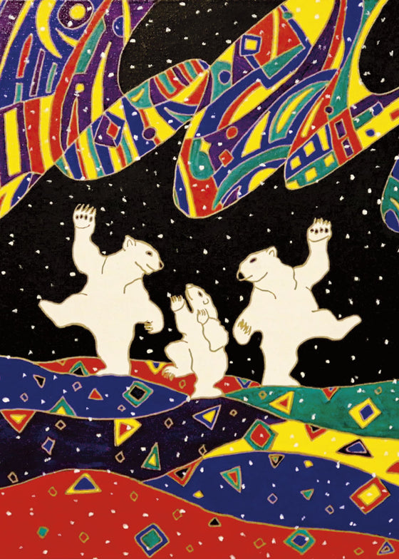 Two large polar bears and one bear cub dance together on their hind legs. The land is made of waves of dark blue, red, green and yellow, with triangles and squares painted over it. The sky is black. An aurora filled with colourful abstract shapes hangs above the bears. The painting is full of white spots, suggesting snow. This Canadian Indigenous print was painted by Dawn Oman, a Dene artist from Yellowknife, North West Territories.