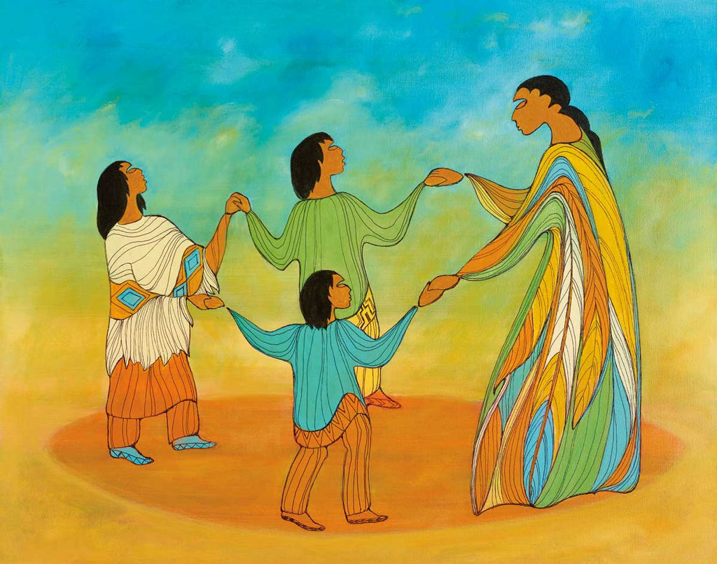"Circle of Life" is a limited edition print of 4 individuals holding hands in a circle. The individual in the center of the piece is the smallest wearing a blue shirt and orange pants and moccasins. Moving to the left of the painting there is a slightly taller individual in a white top with an orange band with diamond detailing through the center, orange pants, and blue moccasins.  in This Canadian Indigenous print was painted by Maxine Noel, a Sioux artist born on the Birdtail Reserve, Manitoba.