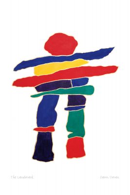 A colourful Inukshuk on a white background. The Inukshuk’s body is made of red, yellow, green and blue stones. This Canadian Indigenous print was painted by Dawn Oman, a Dene artist from Yellowknife, North West Territories.
