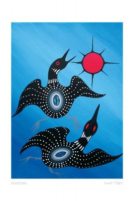 Two loons swimming on a blue background. The loons are black with small white spots. Each loon has a blue symbol on its back. At the upper right of the picture is a red sun with eight black rays. This Canadian Indigenous print was made by Oji-Cree artist Kurt Flett. He was born into the Garden Hill First Nation in northern Manitoba. 