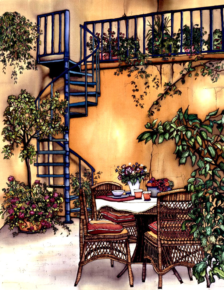 A blue spiral staircase winds up to a balcony against a yellow stucco wall. In front of the staircase is a small table with a bowl of fruit, surrounded by three cushioned wicker chairs. Numerous potted plants, some with pink and purple flowers, are stationed around the table and the balcony. This print recreates the rich watercolours of the original painting.