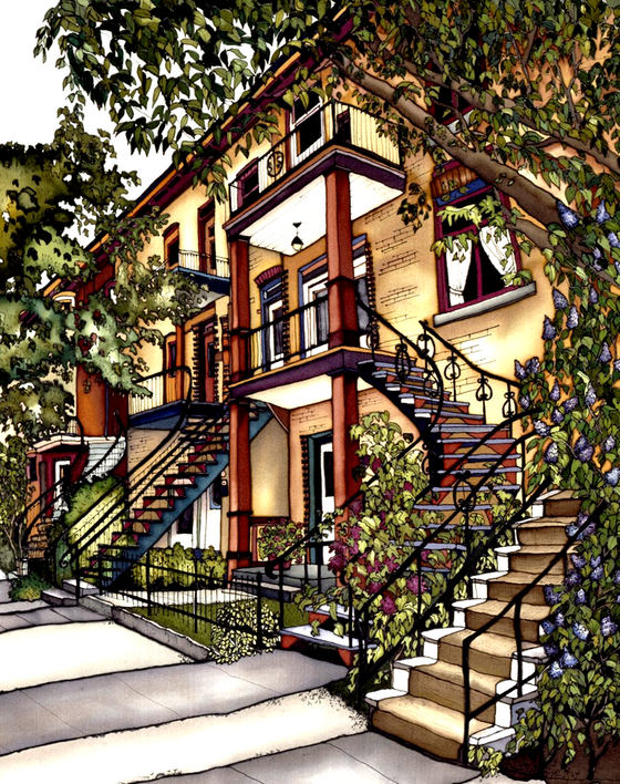 Four yellow-brick townhouses, each with a colourful staircase leading up to a second floor balcony. The staircases all have wrought iron railings. Several small trees and bushes grow in front of the houses. This print recreates the rich watercolours of the original painting.