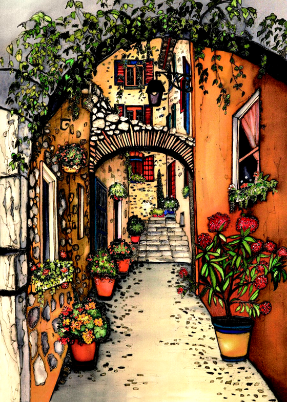 This print shows a narrow alleyway between yellow and orange stucco buildings. Rustic stone archways and vines hang overhead. The alley is lined with several flowering potted plants. This print recreates the rich watercolours of the original painting.