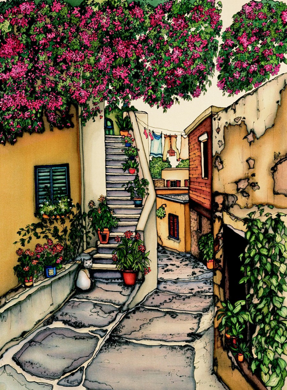 An alley with a slightly derelict stone road split down the middle. The left half of the road becomes a stone staircase that winds up and around a yellow building. The right half continues downhill, turning left and disappearing behind the staircase. Huge trees or bushes with intense pink flowers loom overhead. This print recreates the rich watercolours of the original painting.