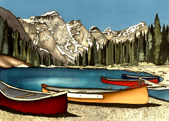 This print shows three red and yellow canoes docked on a pebble beach by Alberta’s Lake Moraine. Beyond the lake is a forest of slender evergreen trees, and beyond that are the imposing, snow covered Canadian Rockies. This print recreates the rich watercolours of the original painting.