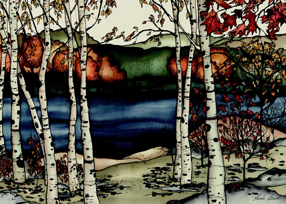 This print shows birch trees next to a lake in autumn. A break in the trees suggests a path leading to the deep blue lake. The many of the trees’ leaves have fallen, but those that remain are vibrant red and gold. The picture is richly coloured.