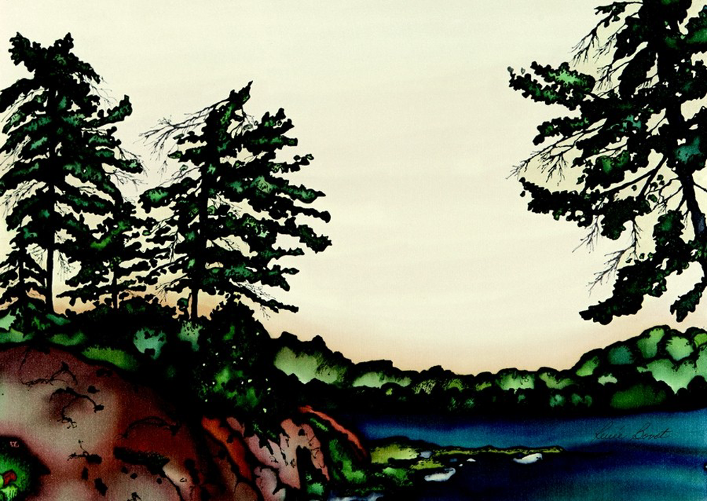 This print shows a handful of weathered pine trees on a rocky waterfront. The river banks rise several meters up from the water. The pale yellow sky suggests it is either sunrise or sunset. The picture is richly coloured.