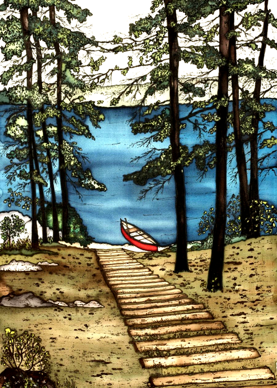 This print shows a small red canoe docked on the bank of a wide lake or river. A wooden stair case leads up a hill away from the water’s edge. The deep blue water and yellow-green grass suggests it is summer. The picture is richly coloured.