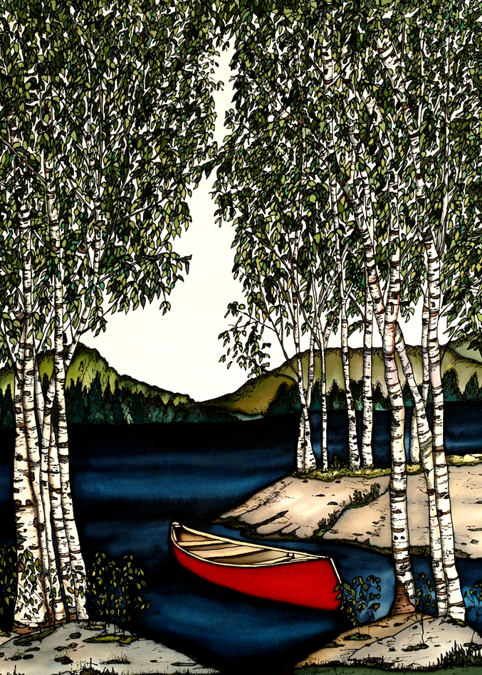 This print shows an empty red canoe on a river surrounded by birch trees. The trees are highly detailed with every leaf individually drawn. An evergreen forest and green hills are in the background beyond the river. The picture is richly coloured.