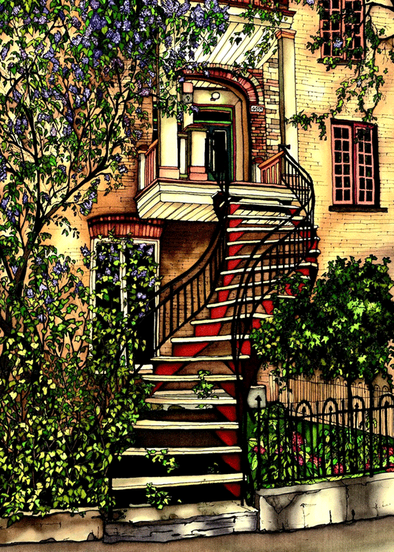 This rectangular magnet shows an elegant red staircase with wrought iron handrails twists upwards towards a second floors entryway.  A large wood and brick awning protects the entryway. A tall lilac bush is blossoming to the left of the house. The picture is richly coloured.