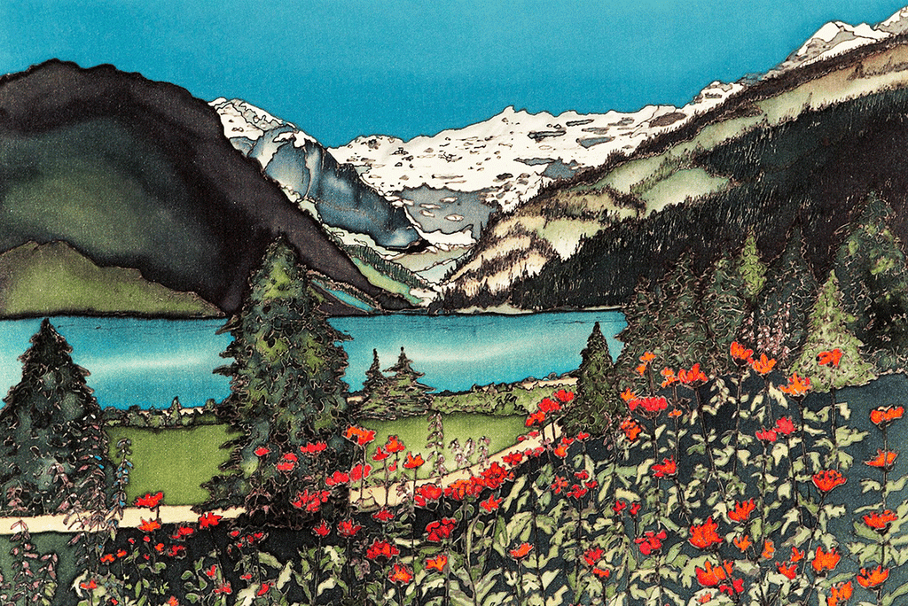 This print shows the turquoise waters of Alberta’s Lake Louise. The lake is sandwiched between a field of red paintbrush flowers in the foreground, and the Canadian Rockies in the background. A narrow dirt path runs through the flower field. This print recreates the rich watercolours of the original painting.