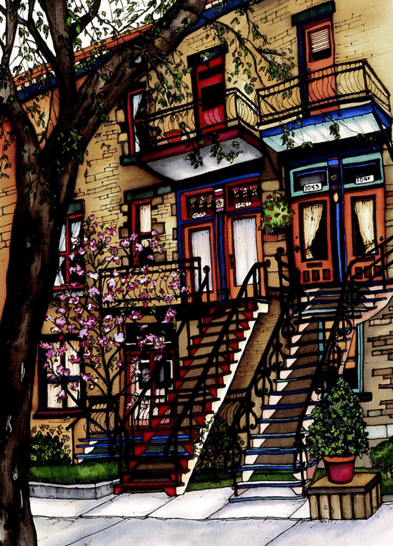This rectangular magnet shows two parallel staircases rise up to the second floor doors of two townhouses. The left house has red stairs and red trim around its door and third floor balcony. The right house has blue stairs and trim. A cherry tree is blossoming in front of the left house. The picture is richly coloured.