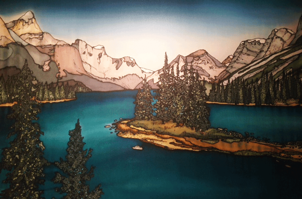 This print shows Alberta’s Maligne Lake. The lake is a deep azure blue and is surrounded on all sides by ever green trees and the Canadian Rockies. In the middle of the lake is Spirit Island, a small island with about a dozen evergreen trees growing on it. The picture is richly coloured.