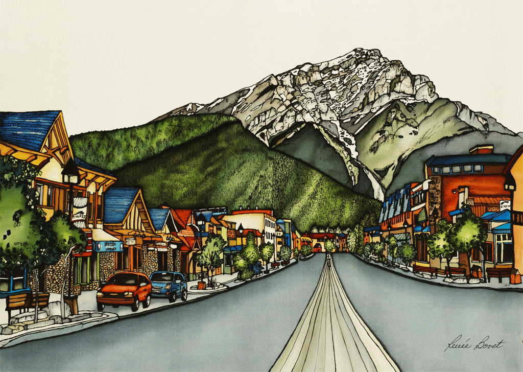 This print shows the rustic and colourful storefront on Banff Avenue. The snow-capped Canadian Rockies rise up in the background. This print recreates the rich watercolours of the original painting. The artist's signature is at the bottom right.