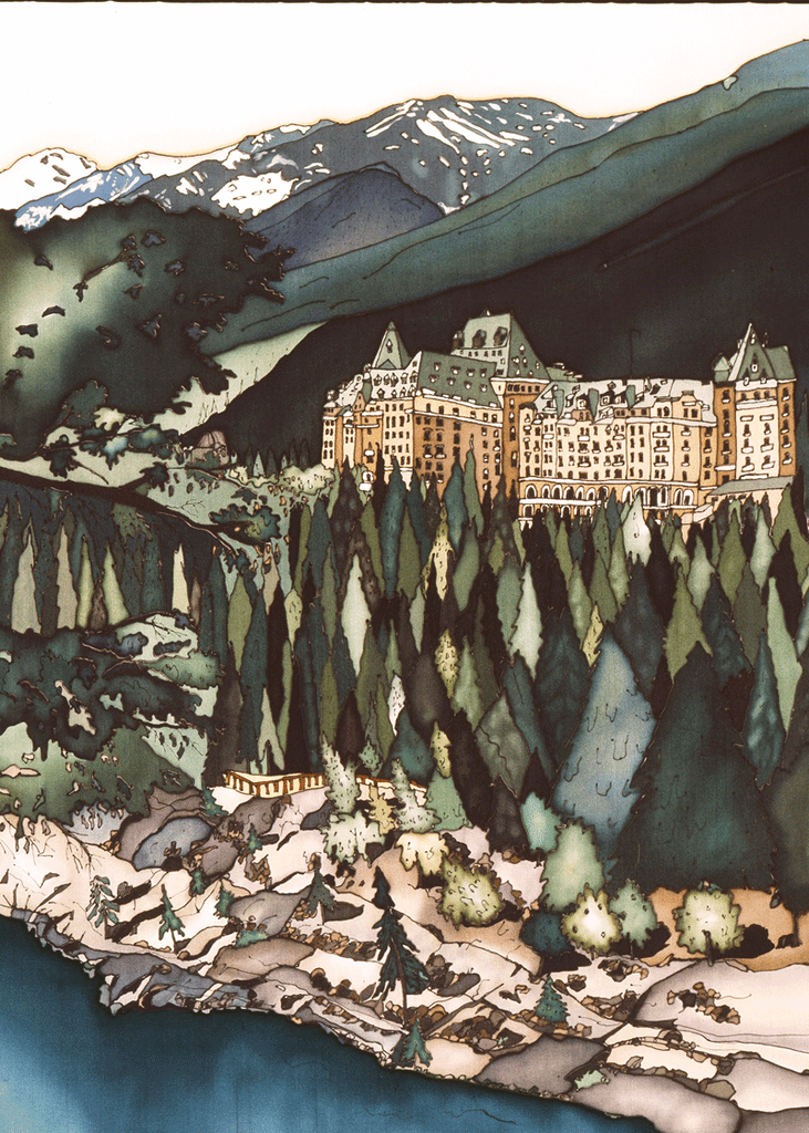 This print shows Banff Spring Hotel on a lush green hill. The stately hotel has light brown walls and a pale green roof. In front of the hotel is a band of evergreen trees on a rocky slope that leads to a river. Behind the hotel are the Canadian Rockies. The picture is richly coloured.